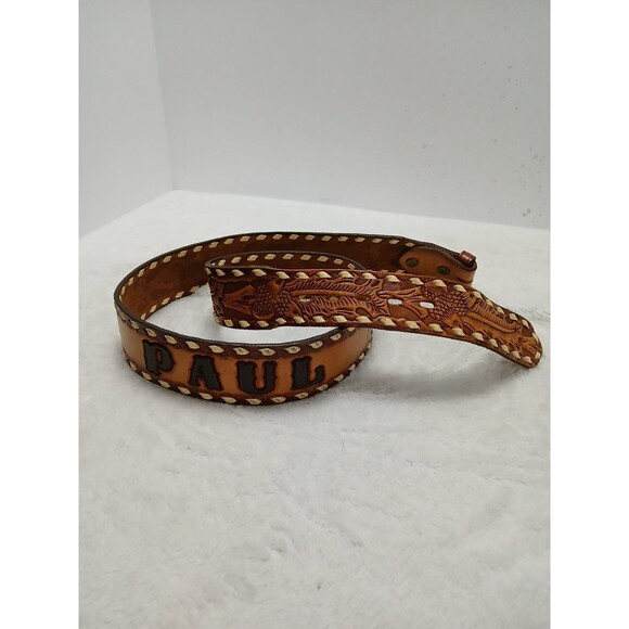 Vintage Hand Tooled Brown Leather Belt Floral PAUL Embossed Weave Edge Size 34 - Picture 1 of 9